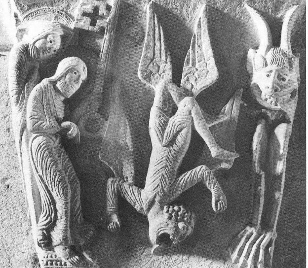 Caída de Simón el Mago. Capitel, Basílica de Saint-Sernin, siglo XI.