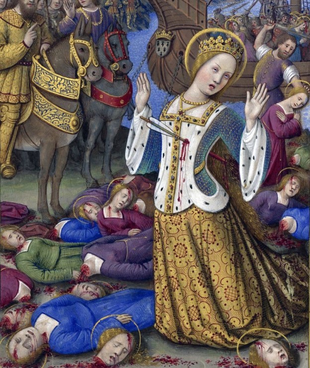 Martirio de Santa Ursula y las Once Mil vírgenes, en Les Grandes Heures d'Anne de Bretagne, Jean Bourdichon, Tours or Paris 1503-1508 (BnF, Latin 9474, fol. 199v)